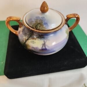 VTG Morimura Noritake Moriage Sugar Bowl Windmill Trees Water Blue White Lid